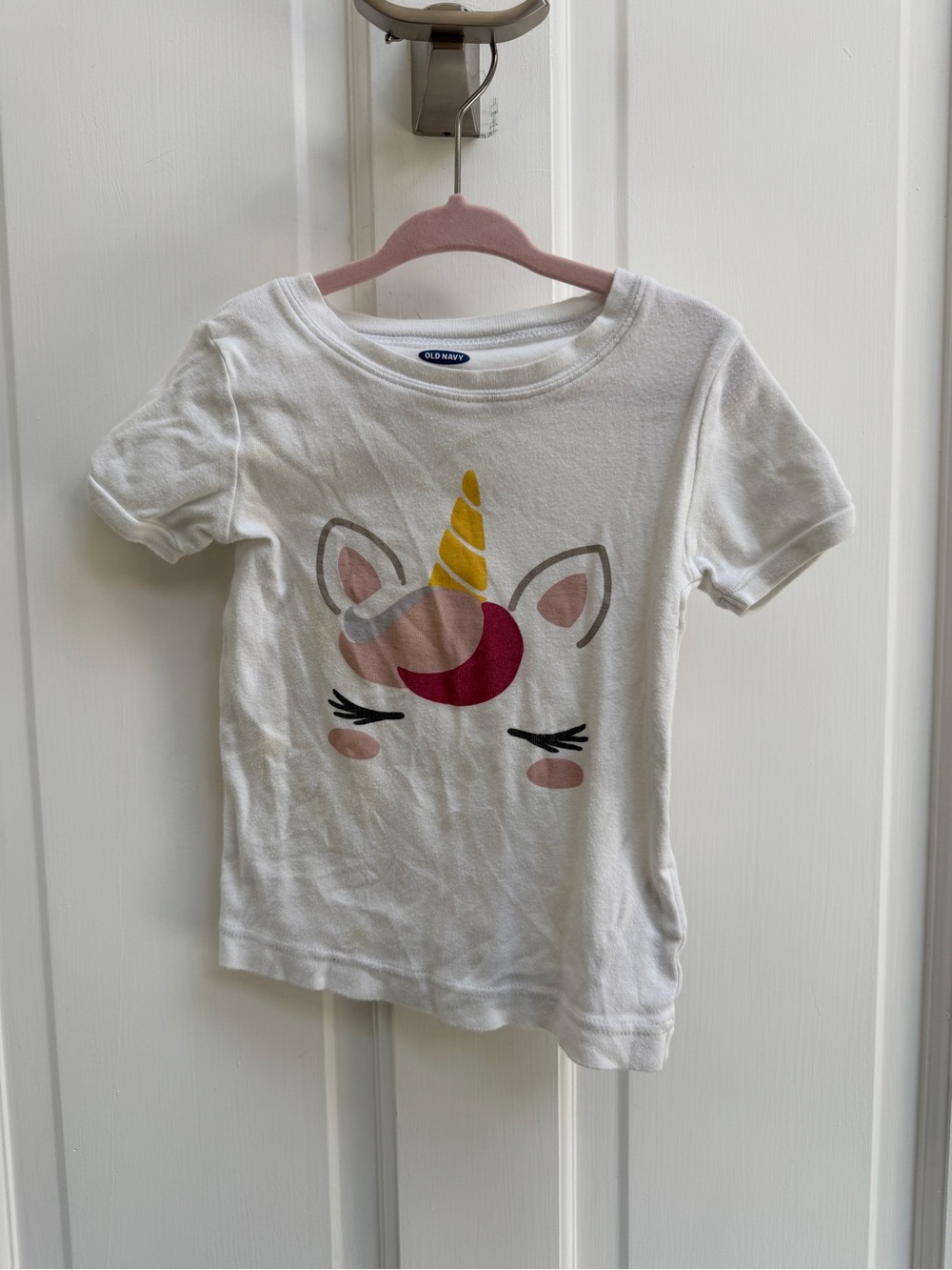 Old Navy 4T White Girls' Unicorn Short Sleeve Shirt Top Blouse- Stains